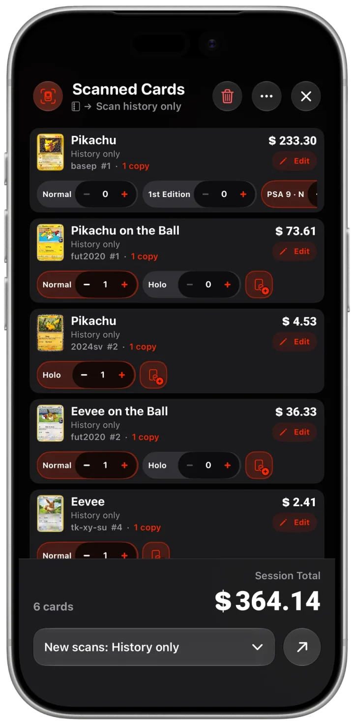 Eyevo scan session showing recognized Pokémon cards