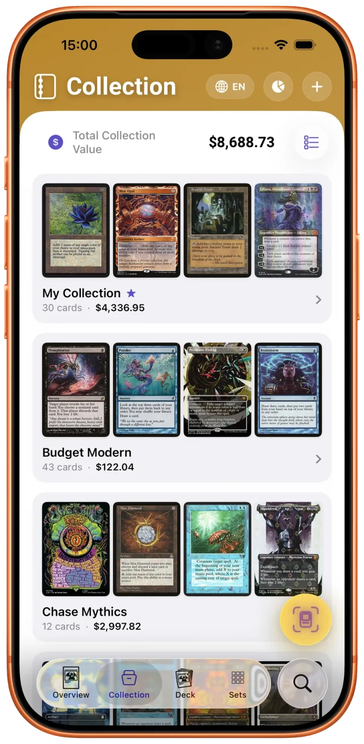 Scrytics collection screen with named card groups and collection values