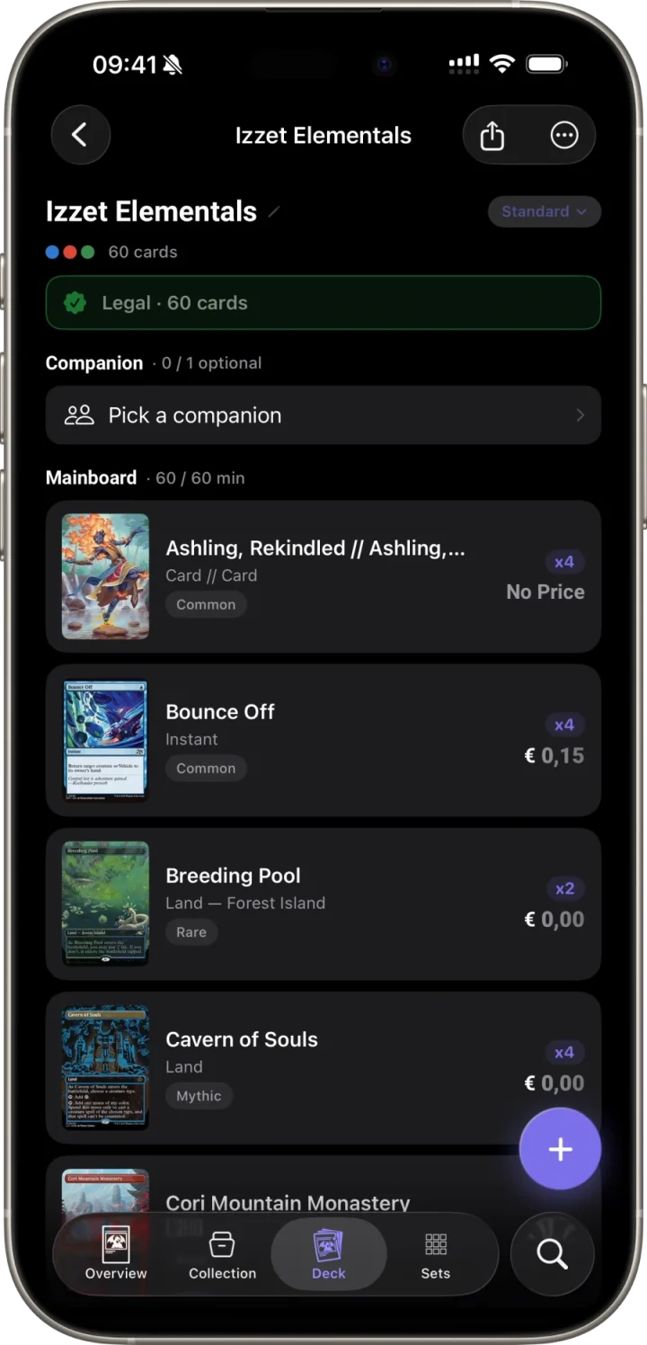 Scrytics Magic deck showing its selected format, legality status, and card quantities