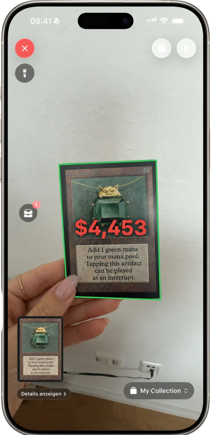 Scrytics scanner recognizing a Mox Emerald card and displaying an available price