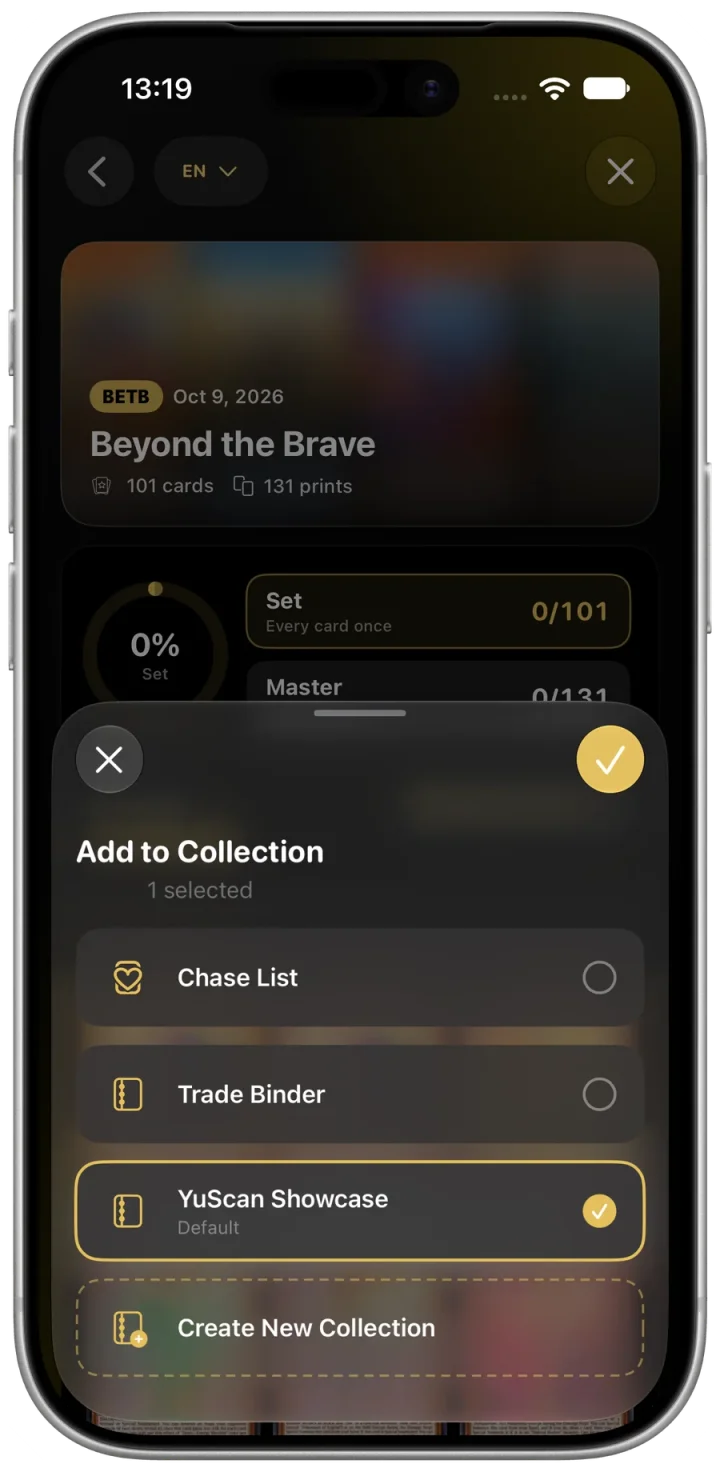 YuScan add-to-collection screen for recording a card copy
